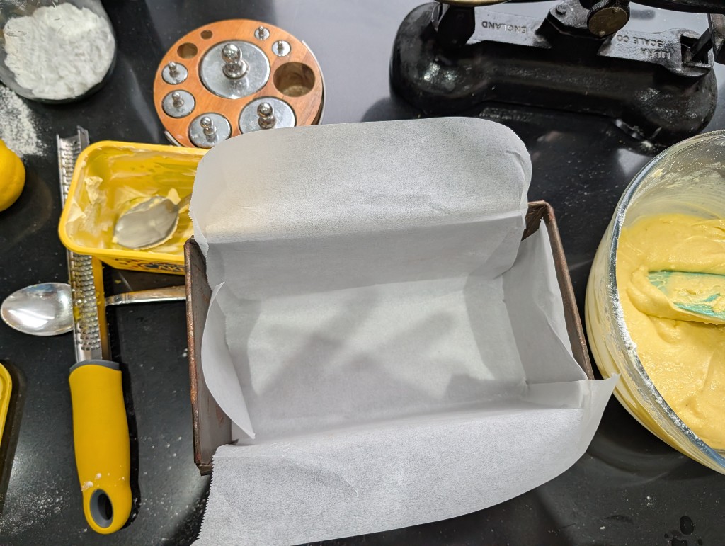 Loaf tin lined with baking parchment